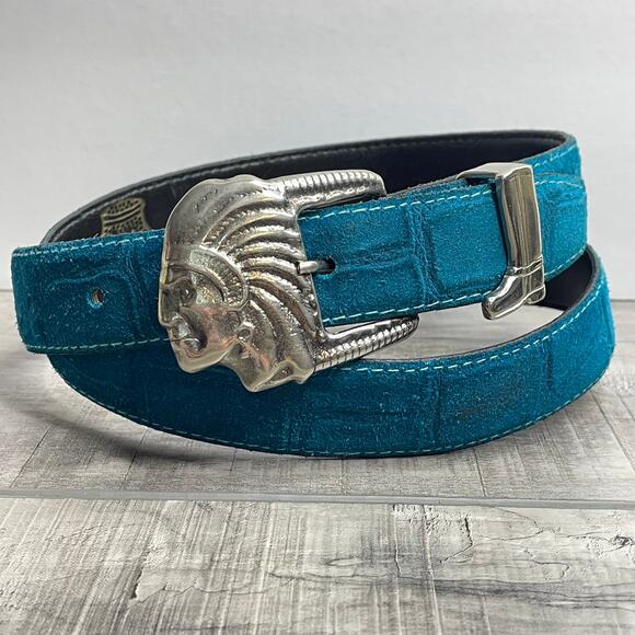 Vintage Native American Indian Head Silver Buckle Teal Calfskin Leather Belt S - Picture 10 of 10